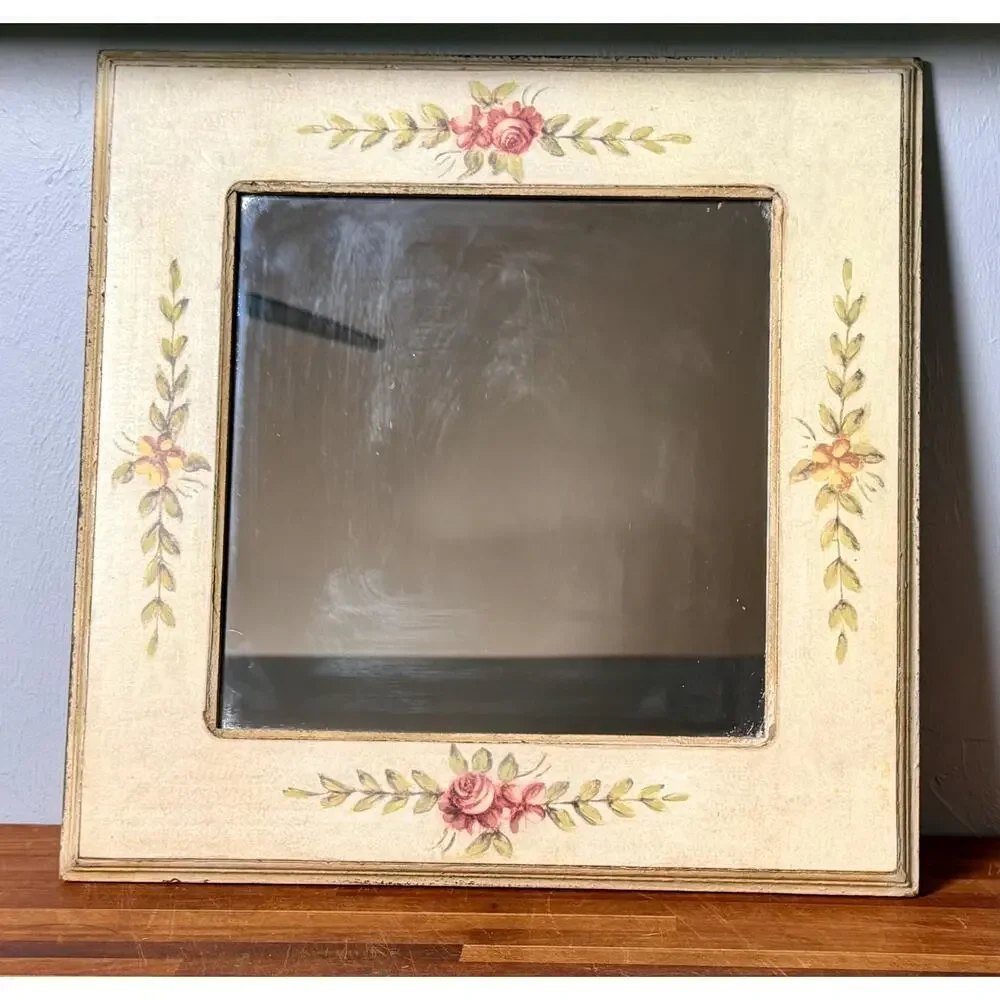 Vintage Hand-Painted Rose Floral Mirror, Cottagecore Shabby Chic Wall Decor